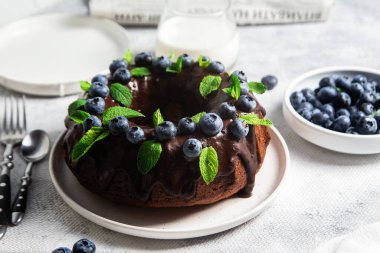 Taze yaban mersini ve nane şekerli lezzetli çikolatalı kek.