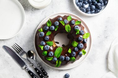 Taze yaban mersini ve nane şekerli lezzetli çikolatalı kek.