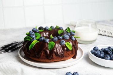 Taze yaban mersini ve nane şekerli lezzetli çikolatalı kek.