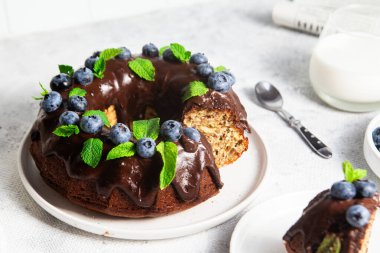 Taze yaban mersini ve nane şekerli lezzetli çikolatalı kek.