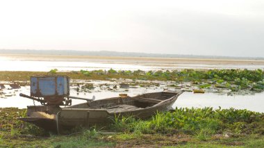 Huzurlu tekne yemyeşil suların kenarında dinleniyor..