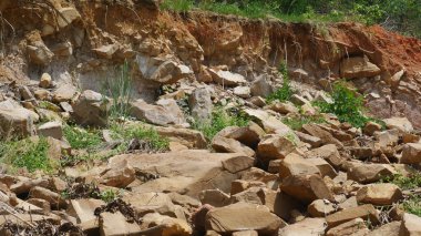 Çimenlik ve toprak erozyonuyla çevrili büyük kaya parçaları ve küçük taşlar içeren kayalık bir arazi. Manzara doğal jeolojik oluşumlar ve bitki örtüsü büyümesini gösteriyor