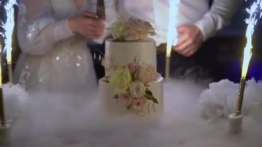 Kutlama pastası kesen biri. Gelin ve damat düğün resepsiyonunda. Bıçak tutan adam ve kadın bir dilim tatlı kestiler..