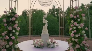 Kutlama pastası kesen biri. Gelin ve damat düğün resepsiyonunda. Bıçak tutan adam ve kadın bir dilim tatlı kestiler..