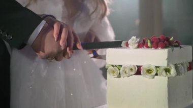 Yeni evlilerin, gelin ve damadın düğünleri sırasında romantik bir pasta yapma deneyimini paylaştıkları güzel bir an. Çiçek ve böğürtlenli beyaz pasta aşkı ve birliği simgeler.