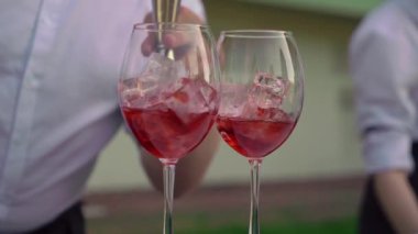 Garson ya da barmen bardakla kokteyl karıştırıyor. Bir kutlamada ya da bir restoranda ya da tatil barında hoş geldin içkisi. Alkollü içecek. Saman içmek.