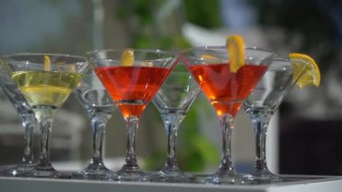 Garson ya da barmen bardakla kokteyl karıştırıyor. Bir kutlamada ya da bir restoranda ya da tatil barında hoş geldin içkisi. Alkollü içecek. Saman içmek.