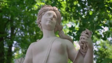 Bir kadın heykeli. Beyaz mermer anıt Saint-Petersburg, Rusya 'da bir yaz bahçesinde.