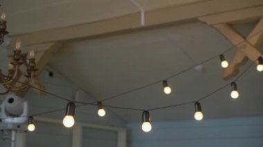 Beyaz ampullü ince bir çelenk. Tatil partisi için yaz tatili hazırlıkları. Düğün ya da doğum günü süsü.