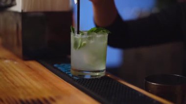 Nane yaprakları ve limon dilimleriyle süslenmiş ferahlatıcı bir kokteylin yakın plan görüntüsü, kırsal bir bar tezgahında zarif bir şekilde sunuluyor, yaz toplantıları ve arkadaşlarla kutlamalar için ideal.