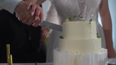 Kutlama pastası kesen biri. Gelin ve damat düğün resepsiyonunda. Bıçak tutan adam ve kadın bir dilim tatlı kestiler..
