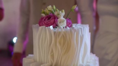 Kutlama pastası kesen biri. Gelin ve damat düğün resepsiyonunda. Bıçak tutan adam ve kadın bir dilim tatlı kestiler..