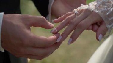 Alyanslarını değiş tokuş eden bir çift, güzel bir ortamda derin aşklarını ve bağlılıklarını simgeliyor.