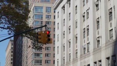 İnanılmaz canlı bir şehir manzarası, New York 'ta kendine özgü mimari özellikleriyle birlikte bir trafik ışığı sergiliyor..