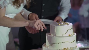 Kutlama pastası kesen biri. Gelin ve damat düğün resepsiyonunda. Bıçak tutan adam ve kadın bir dilim tatlı kestiler..