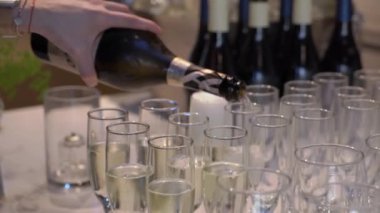 NEW YORK, ABD - 11 Ağustos 2024: Şenlikli bir kutlamanın atmosferini geliştirmek için zarif kadehlere köpüklü şarap döken bir el