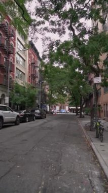 Sakin bir şehir caddesinde yemyeşil ağaçlar, park edilmiş arabalar ve New York 'ta huzur verici bir ortam var.