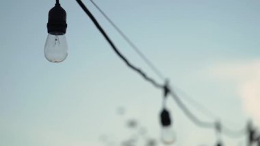 Şık ve sanatsal asılı ampuller parlak mavi gökyüzünün altında sakin ve sakin bir atmosfer yaratıyor.