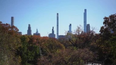 Central Park 'taki canlı sonbahar yeşillikleri arasında New York' un ikonik gökyüzünü gösteren nefes kesici manzara.