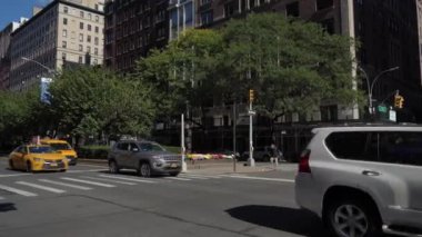NEW YORK, ABD - 11 Ağustos 2024: Çok sayıda araç, yemyeşil ve çeşitli şehir mimarisini gösteren enerjik ve hareketli bir şehir manzarası