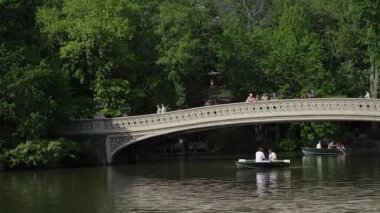 Bereketli yeşillik ve hareketli kürek tekneleriyle çevrili sakin bir göl üzerinde zarif bir köprü.