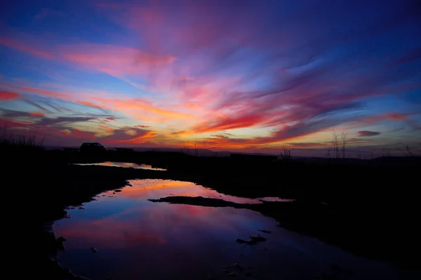 Purple Red Sunset Reflected Puddle Water — Stock Photo, Image