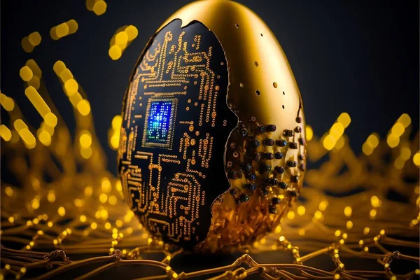 Abstract easter decorations. Abstract circuit board decorations, easter eggs, high speed fiber optic internet concept, gold and black artificial intelligence, easter background template with easter eggs.