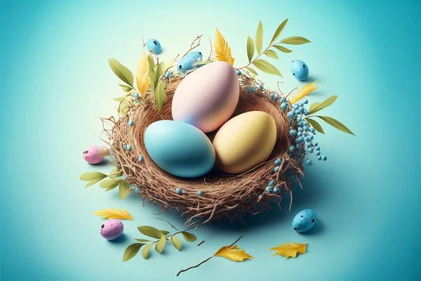 Easter poster background template with Easter eggs in nest on light blue background. Easter day wishes and gifts,
