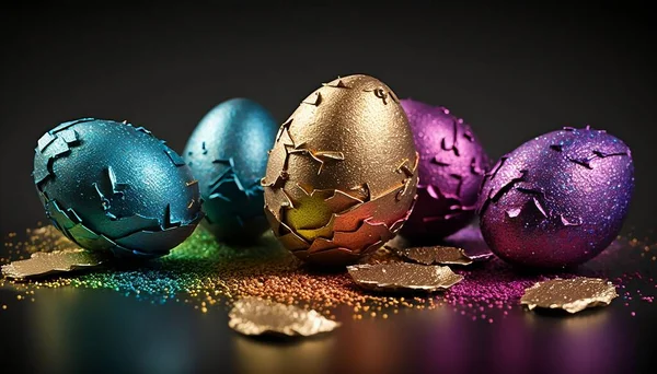 Glittery metallic chocolate Easter eggs on a tabletop with shimmering sprinkles of metallic glitter - extreme 3D detail for an immersive viewing experience.