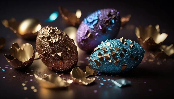 Glittery metallic chocolate Easter eggs on a tabletop with shimmering sprinkles of metallic glitter - extreme 3D detail for an immersive viewing experience.