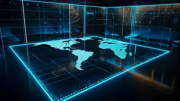 World map connected to the crypto network. _ Global map with 3D light from the background, network status. _ Floor apartment.