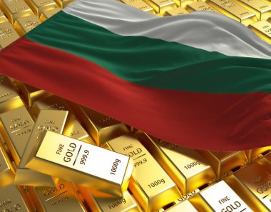 Bulgaristan ulusal bayrağı Altın külçeler üzerindeki piramit tabağı ulusal döviz rezerv bankacılık ekonomisi 3D imaj kavramı