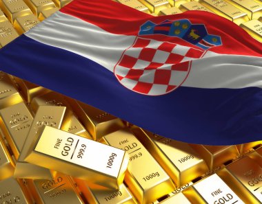 Hırvatistan ulusal bayrağı Altın külçeler üzerindeki piramit tabağı ulusal döviz rezerv bankacılık ekonomisi 3D imaj kavramı