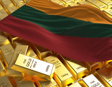 Litvanya ulusal bayrağı altın külçeler piramit plaka ulusal döviz rezerv bankacılık ekonomi sistemi 3d imaj kavramı oluşturma