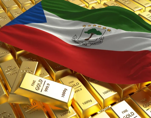 Equatorial Guinea national country flag on Golden ingots bars pyramid plate national foreign-exchange reserve banking economy system 3d rendering image concept