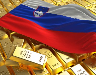 Slovenya ulusal bayrağı Altın külçeler üzerindeki piramit tabağı ulusal döviz rezerv bankacılık ekonomisi 3d görüntü kavramı