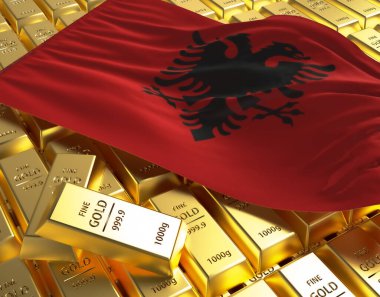 Arnavutluk ulusal ülke bayrağı Altın külçeler üzerindeki piramit tabağı ulusal döviz rezerv bankacılık ekonomisi 3D imaj kavramı