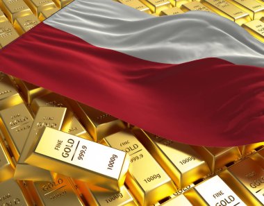 Polonya ulusal bayrağı altın külçeler üzerinde piramit levha ulusal döviz rezerv bankacılık ekonomisi 3d imaj kavramı