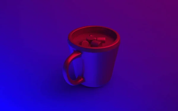 Luxury style neon light in blue red and purple colour image of cup of hot drinks coffee shop and restaurant adv ready use isometric 3d image