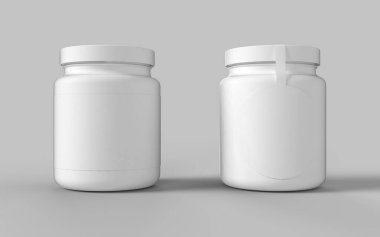 Set of two white plastic jar with cup for sport protein vitamins and tablets realistic packaging mockup template 3d illustration rendering image front view