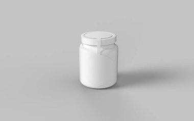 Circle label white plastic jar with cup for sport protein vitamins and tablets realistic packaging mockup template 3d illustration rendering image isometric view