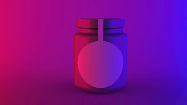 Luxury makeup container cosmetic jar for cream or lotion with solid circle label mock up design product package in realistic neon red blue and purple light front view 3d rendering image