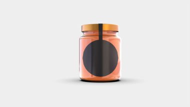 Premium glass container for liquid food product with black rounder circle label and cooper cap isolated on white solid background cut out ready front view 3d rendering image
