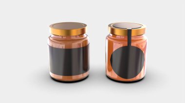 Premium glass container for liquid food product with black rounder circle and rectangle label and cooper cap isolated on white solid background cut out ready front isometric camera view 3d rendering image