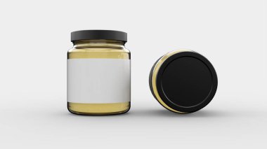 Food packaging concept design with 2 side of jar for food jam or honey vertical and horizontal position with clean white rectangle label mockup advertising ready use 3d rendering image