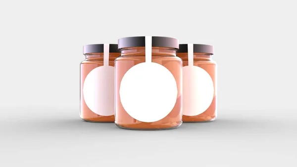 Set of 3 glass container jar for liquid delicious sweet food template with clean circle white label ready to use in advertisement of product design 3d rendering isolated image front camera view
