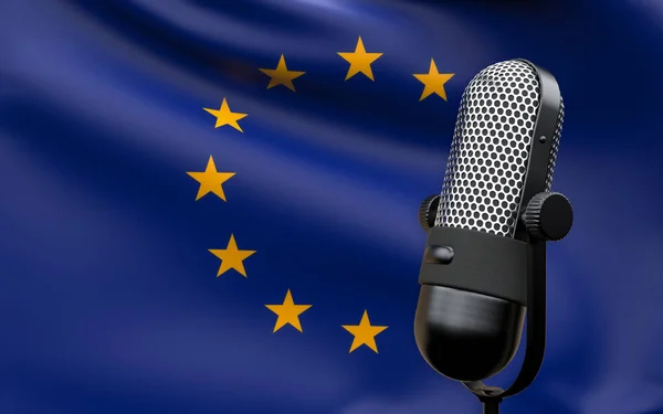 Europe Union national flag with microphone composition of voice of truth debate information radio broadcast translation radio podcast freedom of speech concept 3d rendering image
