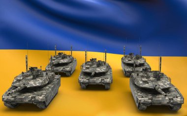 The division of Leopard tank from Europe union partner to Ukraine army defensive and counteroffensive protection from Russia in national camouflage army colour on flag background isometric front view 3d rendering image
