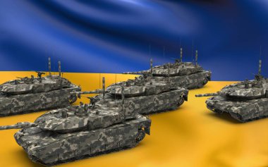 The division of Leopard tank from Europe union partner to Ukraine army defensive and counteroffensive protection from Russia in national camouflage army colour on flag background isometric side view 3d rendering image