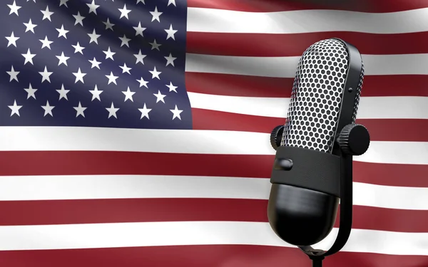 United States of America national flag with microphone composition of voice of truth debate information radio broadcast translation radio podcast freedom of speech concept 3d rendering image